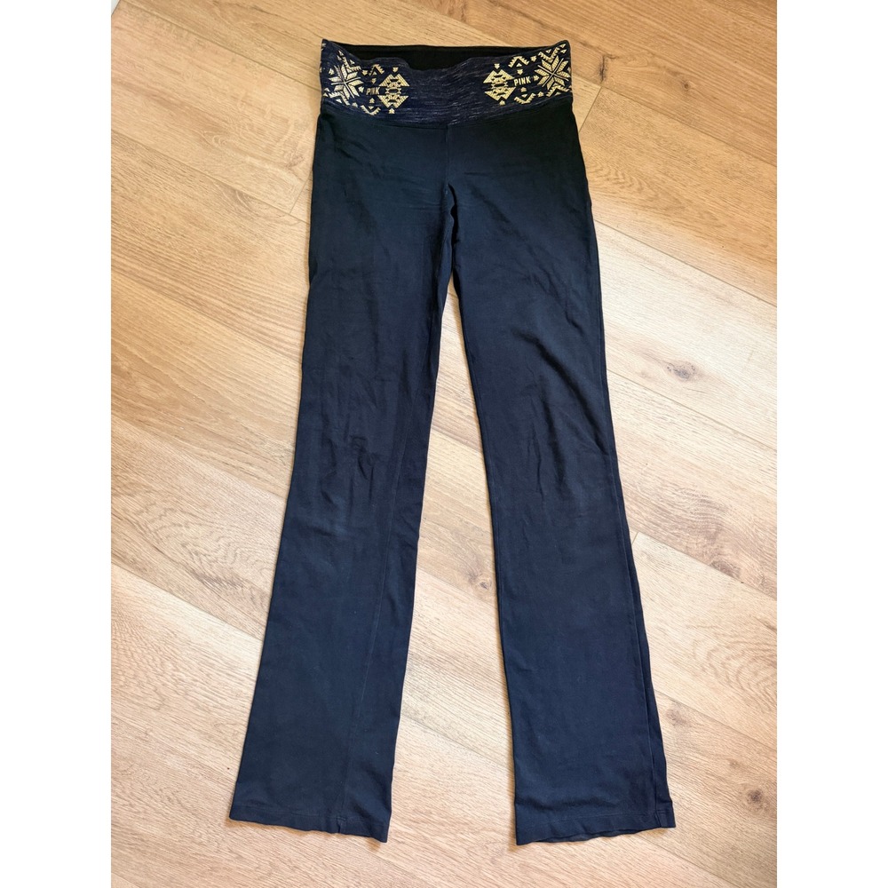Victoria's Secret PINK Yoga Pants XS Black Gold Studded Foldover Flare McBling